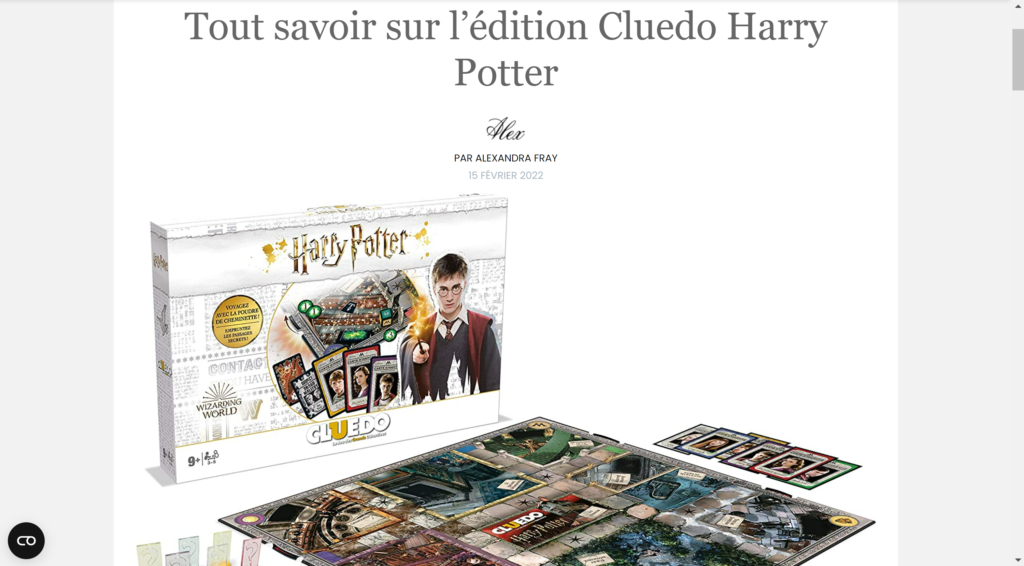 Rédaction d'un article de blog sur le jeu Cluedo Harry Potter pour le site Petite Crapule