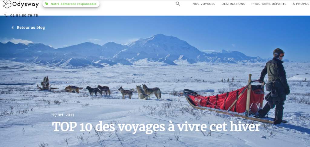 Rédaction d'un rticle de blog sur une sélection de 10 des voyages à vivre en hiver pour le site de voyages Odysway